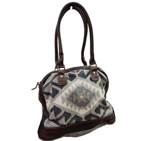 Myra Canvas And Leather Southwestern Shoulder Bag Double Leather Handles - Picture 8 of 12